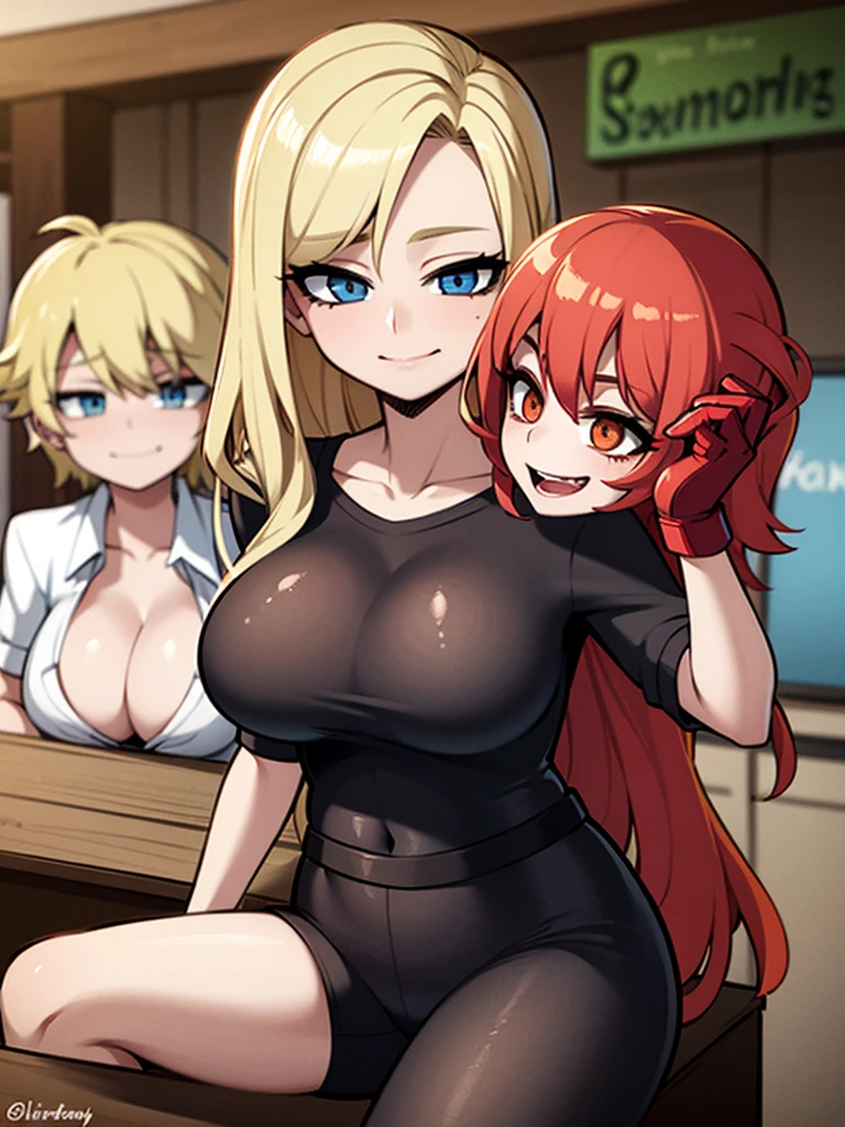 three sexy women on a date with boy with blonde hair, flirtatious smiles, all women look at boy