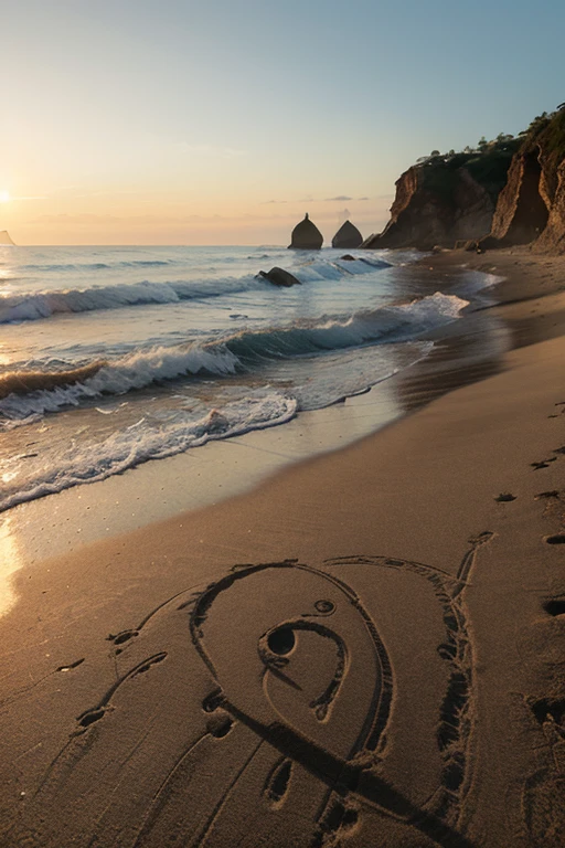Draw a beautiful sunrise on the sea coast with a sandy shore