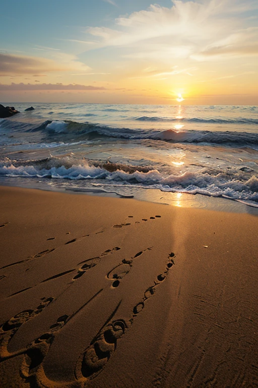 Draw a beautiful sunrise on the sea coast with a sandy shore