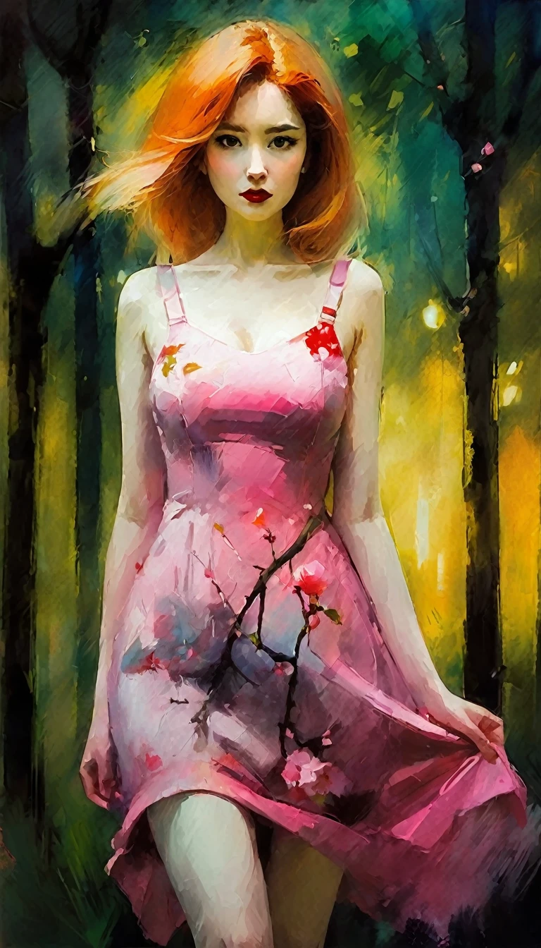 1 sexy girl, Sakura in mr villian day off, hair medium to shoulder, hair pink, with 2 sakura flower on the hair, wearing a cute pink dress, background is filling with a sakura flower and one sakura tree, pose standing wish under the tree, Soft, kawaii, detail,bichu, oil painting, impressionism (art inspired by Bill Sienkiewicz ). oil painting)
