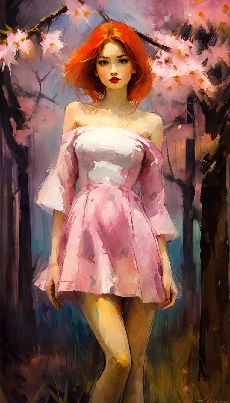 1 sexy girl, Sakura in mr villian day off, hair medium to shoulder, hair pink, with 2 sakura flower on the hair, wearing a cute pink dress, background is filling with a sakura flower and one sakura tree, pose standing wish under the tree, Soft, kawaii, detail,bichu, oil painting, impressionism (art inspired by Bill Sienkiewicz ). oil painting)