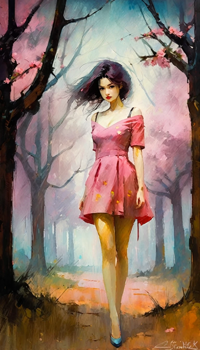1 sexy girl, Sakura in mr villian day off, hair medium to shoulder, hair pink, with 2 sakura flower on the hair, wearing a cute pink dress, background is filling with a sakura flower and one sakura tree, pose standing wish under the tree, Soft, kawaii, detail,bichu, oil painting, impressionism (art inspired by Bill Sienkiewicz ). oil painting)
