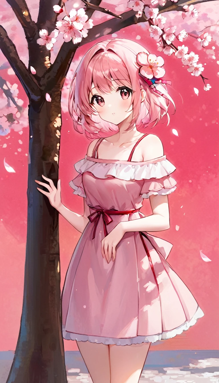 1 sexy girl, Sakura in mr villian day off, hair medium to shoulder, hair pink, with 2 sakura flower on the hair, wearing a cute pink dress, background is filling with a sakura flower and one sakura tree, pose standing wish under the tree, Soft, kawaii, detail,bichu, oil painting, impressionism (art inspired by Bill Sienkiewicz ). oil painting)