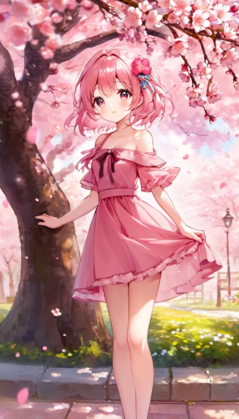 1 sexy girl, Sakura in mr villian day off, hair medium to shoulder, hair pink, with 2 sakura flower on the hair, wearing a cute pink dress, background is filling with a sakura flower and one sakura tree, pose standing wish under the tree, Soft, kawaii, detail,bichu, oil painting, impressionism (art inspired by Bill Sienkiewicz ). oil painting)
