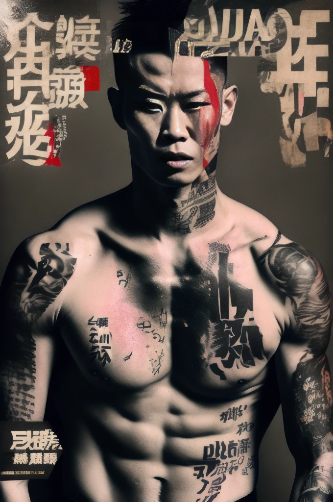 full-body shot，傳統的日本俊美強壯男人full-body shot的龐克拼貼，muscle，tattoo，Underpants hair punk, Stylish shooting editing style, Hypebeast Super Fast Fashion Gang Logo