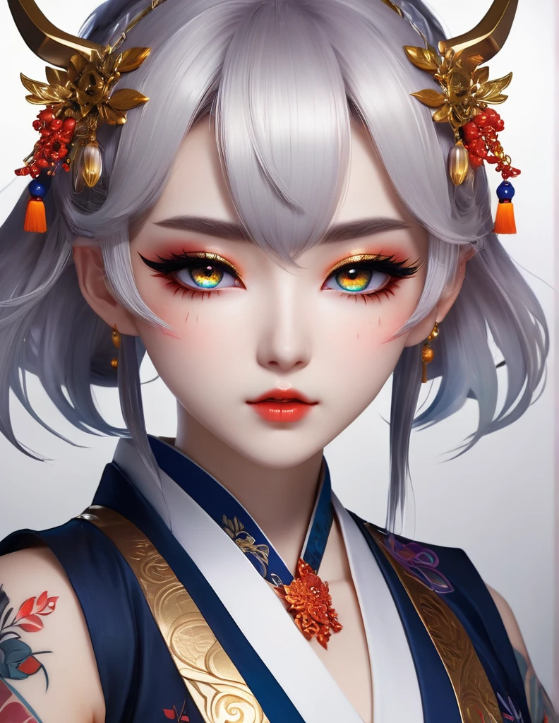 quality(8k wallpaper of extremely detailed CG unit, ​masterpiece, hight resolution, top-quality, top-quality real texture skin,hyper realisitic, digitial painting,increase the resolution,RAW photos，best qualtiy,highly detailed,the wallpaper),BREAK,8K, onmyoji-style art Light, full face, mixed color eyes, Chibi, colorful makeup, white skin, dark gold  hair,  jewelry, tattoos, 