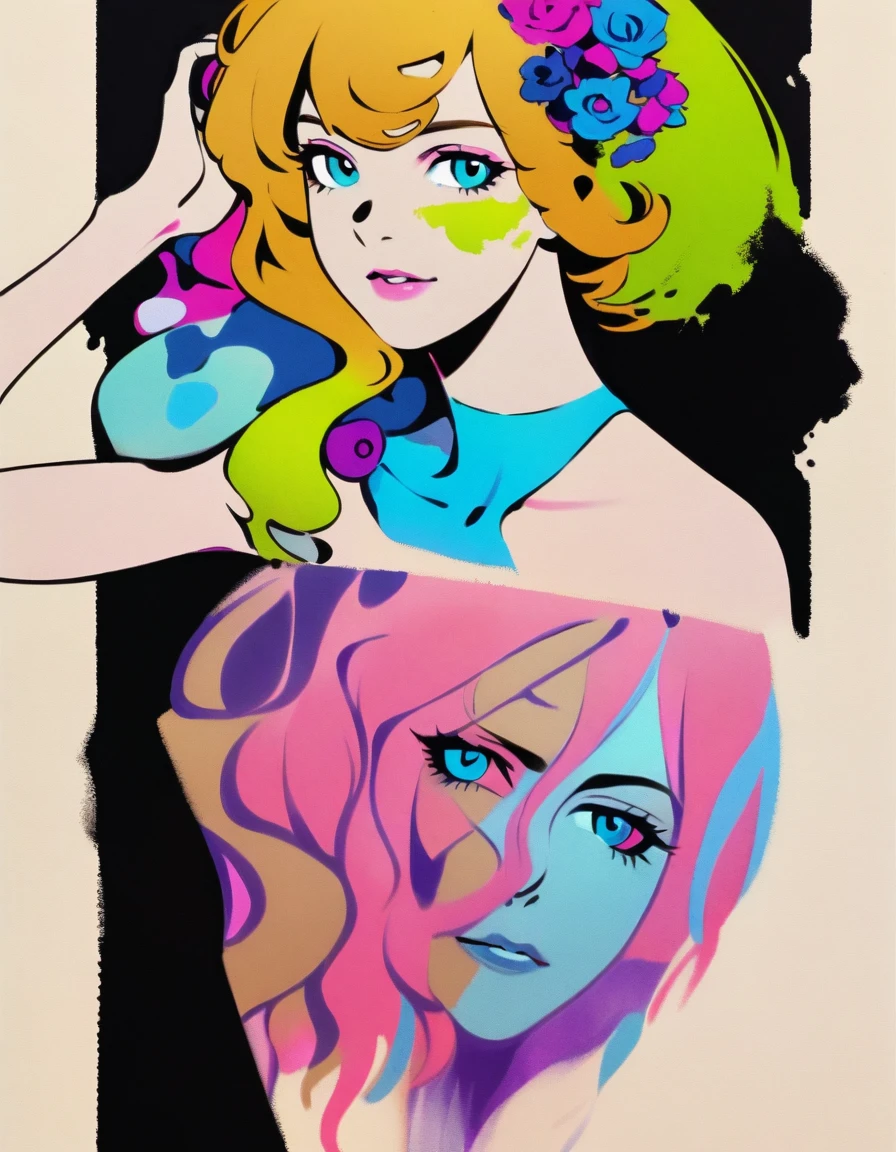 in style of graphic novel , portrait,in style of Joelle Jones, UV light across face character, ink art, side view