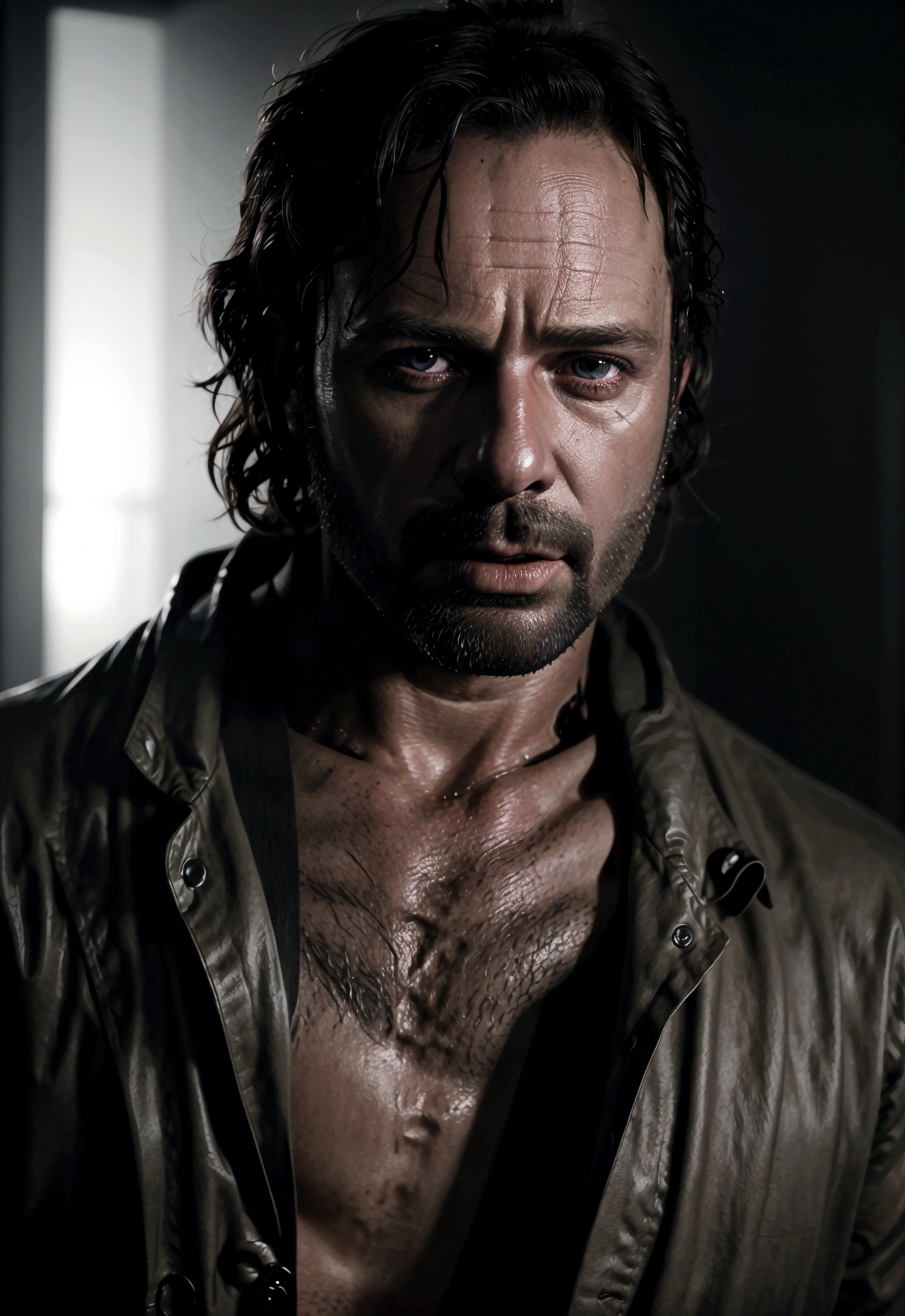 Realistic, 1 person, Rick Grimes, Mel Gibson, Detailed face, Beautiful attention to detail, Beautiful lip detail, extremely Detailed face, Muscular body with attention to detail, Dramatic lighting, Structure of the film, Gloomy atmosphere, Dark Fantasy Style, Real and realistic, Unreal Engine, 8K, High resolution, Very detailed