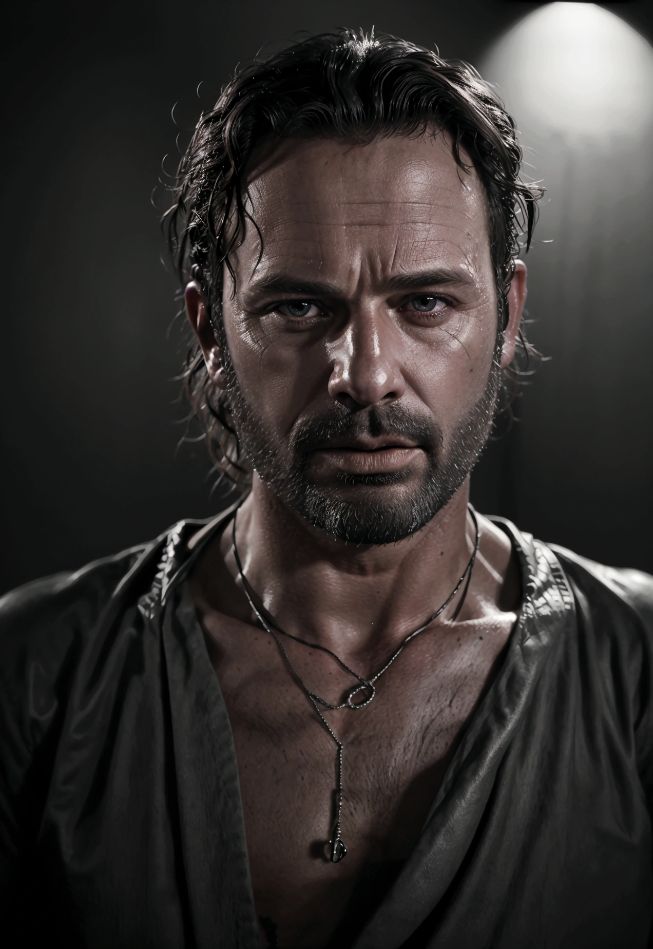 Realistic, 1 person, Rick Grimes, Mel Gibson, Detailed face, Beautiful attention to detail, Beautiful lip detail, extremely Detailed face, Muscular body with attention to detail, Dramatic lighting, Structure of the film, Gloomy atmosphere, Dark Fantasy Style, Real and realistic, Unreal Engine, 8K, High resolution, Very detailed