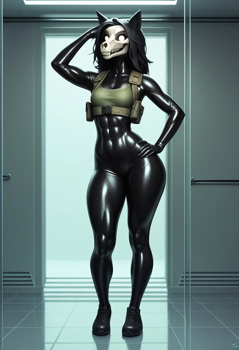 Female mal0, mal0, skullwolf, very tall, to tall for room, anthro, female, small breasts, athletic, wearing ultility belt, wearing tactical vest, SCP MAL0, MALO, FEMENINE BODY, BIG_BREASTS, BLACK FUR, WHITE EYES, SKULLDOG, BIG THIGHS, FLUFFY FUR, MESSY BLACK HAIR, putting hands over their head for surrender, wearing black tactical latex suit, covering, featureless_crotch, standing in a laboratory corridor, black goo on the floor, detailed black fur, masterpiece, realistic, hyper realistic, reflective walls, dark scenery, artist: taran_fiddler, ((vore)), moving vore belly with prey inside of the stomach struggling, highest quality