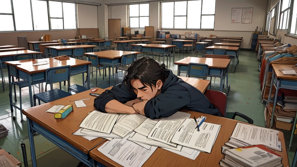 A tired and bored student in a classroom with many students, messy students, disorganized room