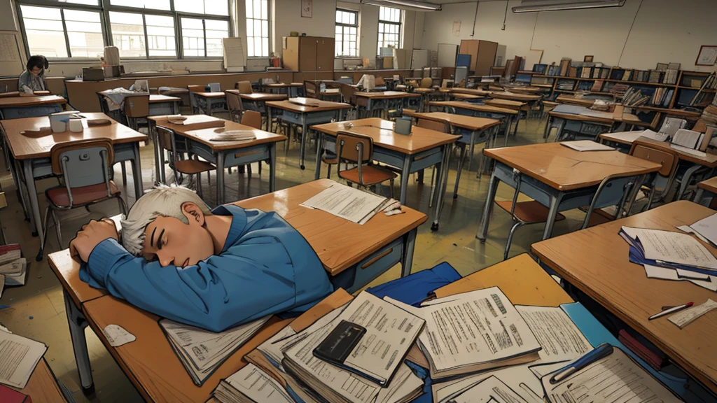 A tired and bored student in a classroom with many students, messy students, disorganized room