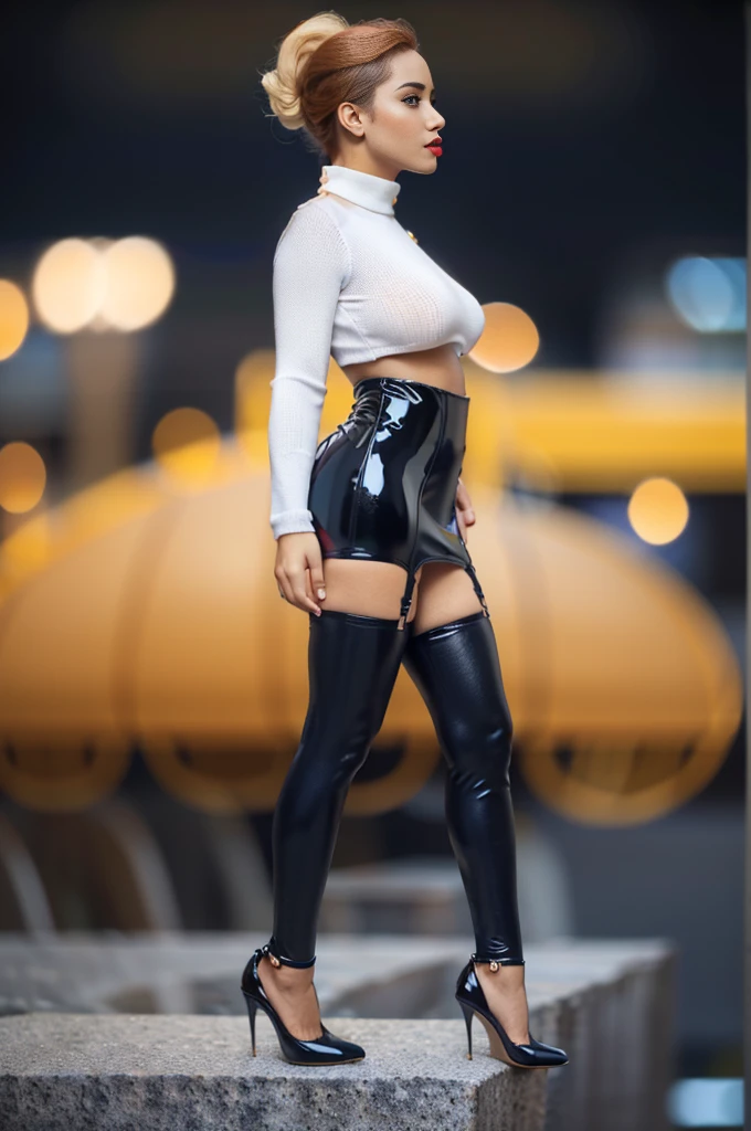 masterpiece, high quality, pretty lady MoonLay, Fr3ckles, freckles, long hair, ginger hair,  grey eyes, (vibrant garden park background), ((cinematic star shaped bokeh background blur:1.7)), wh1t3,(worn white sweater),(black latex thigh highs stocking connect with black garter belt to black latex ultra short tight skirt:1.2), (black latex ultra short tight skirt:1.2), stiletto high heels, (full body view:2), (slim and voluptuous figure body:1.3),