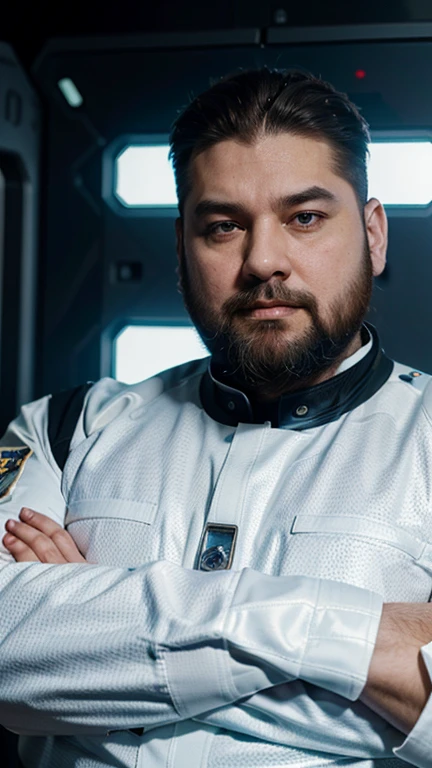 The space general wears a futuristic uniform, he is fat bearded, long sleeve uniform , he has his arms crossed seriously, speaking to the viewer, He wears a white general&#39;s hat on his head.