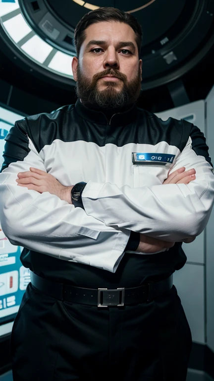 The space general wears a futuristic uniform, he is fat bearded, long sleeve uniform , he has his arms crossed seriously, speaking to the viewer, He wears a white general&#39;s hat on his head.