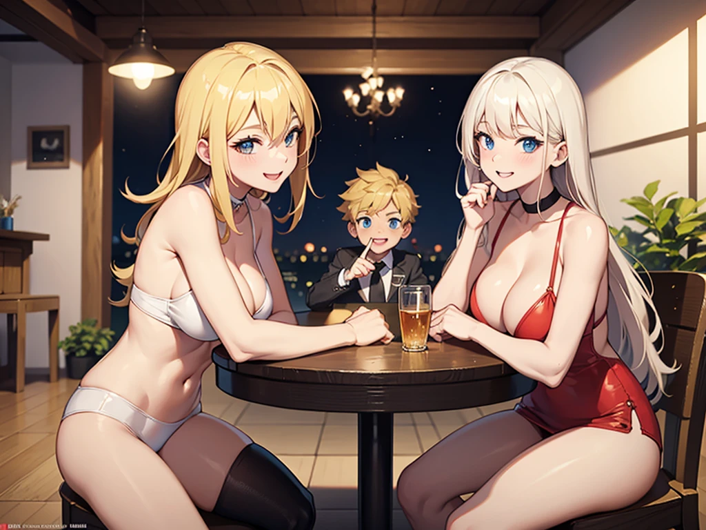 three sexy women on a date with  boy with blonde hair, flirtatious smiles, all women look at boy
