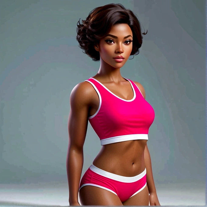 African American sensual robust body woman with Asian features, dark skin and nice face, short elegantly styled dark reddish brown hair and light brown eyes. He wears a short red sleeveless t-shirt, underwear, a pink panty and she is barefoot. full realistic 3D model.she
