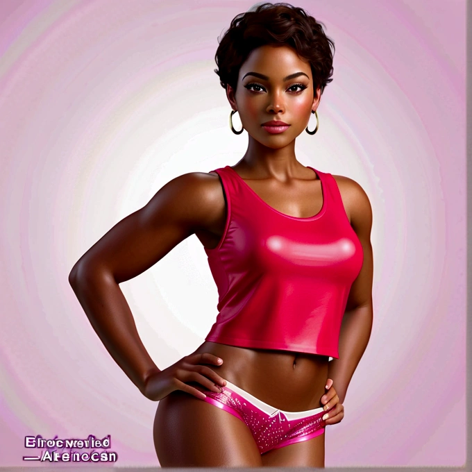 African American sensual robust body woman with Asian features, dark skin and nice face, short elegantly styled dark reddish brown hair and light brown eyes. He wears a short red sleeveless t-shirt, underwear, a pink panty and she is barefoot. full realistic 3D model.she 
