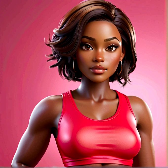 African American sensual robust body woman with Asian features, dark skin and nice face, short elegantly styled dark reddish brown hair and light brown eyes. He wears a short red sleeveless t-shirt, underwear, a pink panty and she is barefoot. full realistic 3D model.she