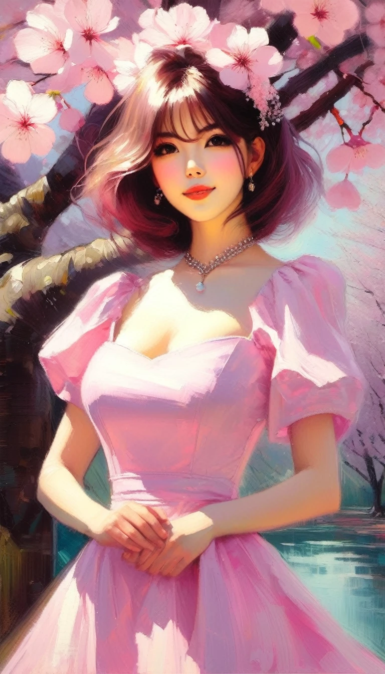 1 sexy girl, Sakura in mr villian day off, hair medium to shoulder, hair pink, with 2 sakura flower on the hair, wearing a cute pink dress, background is filling with a sakura flower and one sakura tree, pose standing wish under the tree, Soft, kawaii, detail,bichu, oil painting, impressionism (art inspired by Bill Sienkiewicz ). oil painting)