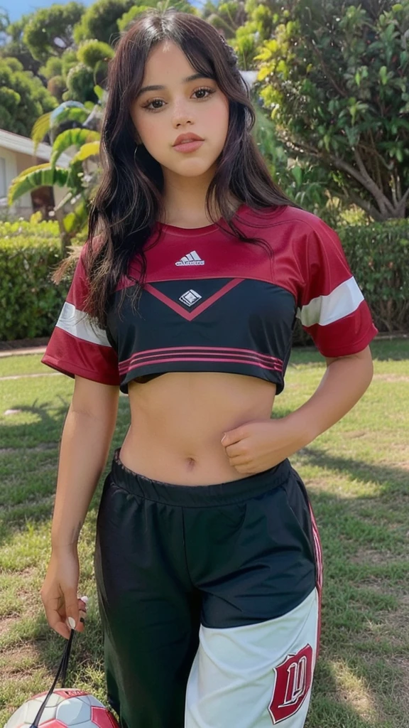 jenna_Ortega, she wears the clothes of a football team called Flamengo, a Brazilian team