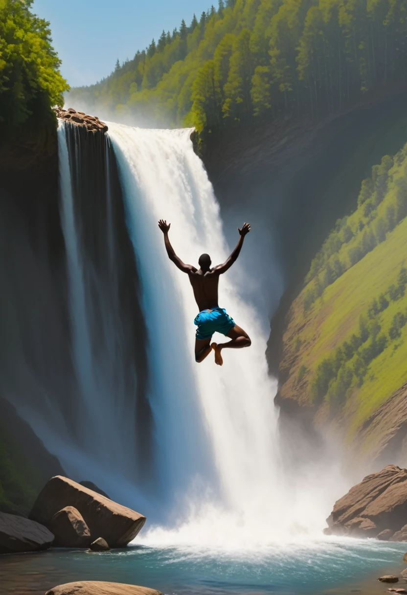 black man jumping into a waterfall at 1000 feet