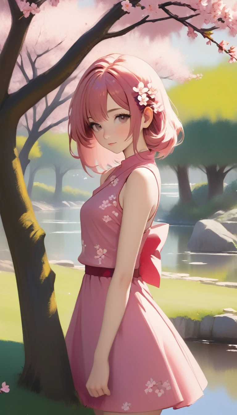 1 sexy girl, Sakura in mr villian day off, hair medium to shoulder, hair pink, with 2 sakura flower on the hair, wearing a cute pink dress, background is filling with a sakura flower and one sakura tree, pose standing wish under the tree, Soft, kawaii, detail,bichu, oil painting, impressionism (art inspired by Bill Sienkiewicz ). oil painting)