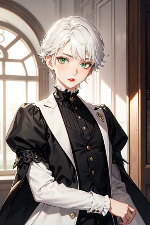 boy with white hair, green eyes and red lips, white skin dressed in Victorian era style clothing man