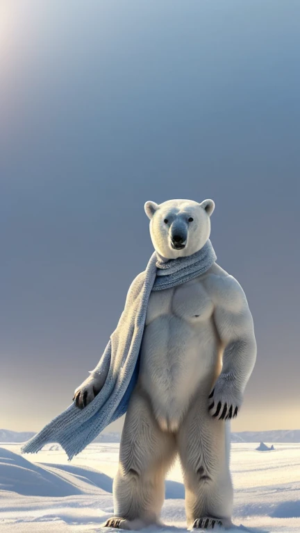 ((Polar bear stands looking at the sky Medium muscular, frozen planet setting, snowstorm , zoomed in on crotch, , chunie, darkgem, He uses an old, torn blanket made of animal hide as a garment for his body.))