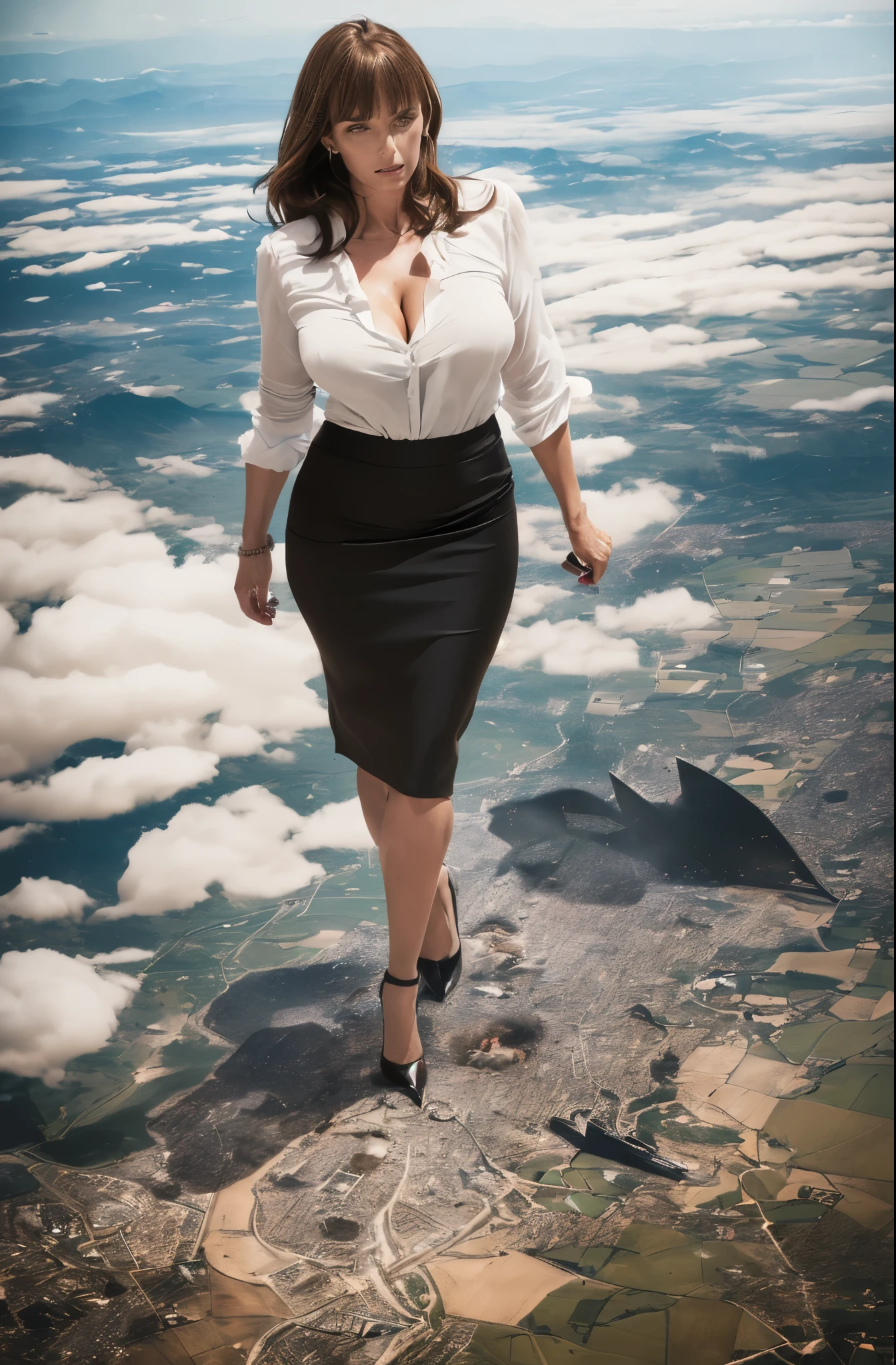 Kat Dennings, (masterpiece, best quality, best shadows, best shading, perfect hands, perfect face, cinematic lighting, colorful, ultra-detailed, beautiful photography, character focus, extremely-detailed, photorealistic, hyper photorealism, atmospheric), (rural destruction:1.2), (giantess, stereotypical office worker), (dirty, filthy, unwashed, sweaty, unkempt, angry, tired, exhausted, annoyed), (walking, mid stride, stepping down on, stomping, crush, rampage), (black patent Louboutin pointed toe pumps, high heels, stiletto heels), ((revealing crisp white blouse, short black pencil skirt)), ((long straight hair with front bangs)), (high altitude photography, satellite view), (busty, curvy, exposed cleavage, heaving bosom, legs), (urban sprawl, farmland and small towns, destruction, buildings, roads), (cloudy, overcast, clouds and atmosphere partly obscuring the subject, hazy atmosphere, haze in foreground, wispy clouds)