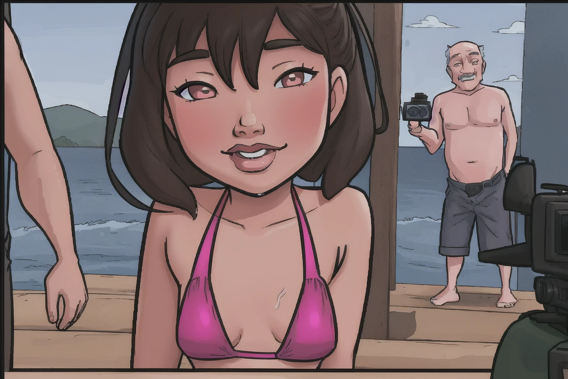 1girl, 10yearold asian slut is wearing a slutty slingshot_bikini on a boardwalk, she is having sex with a ugly 88yearold grandpa. porn.  1old man, nsfw, old_dick