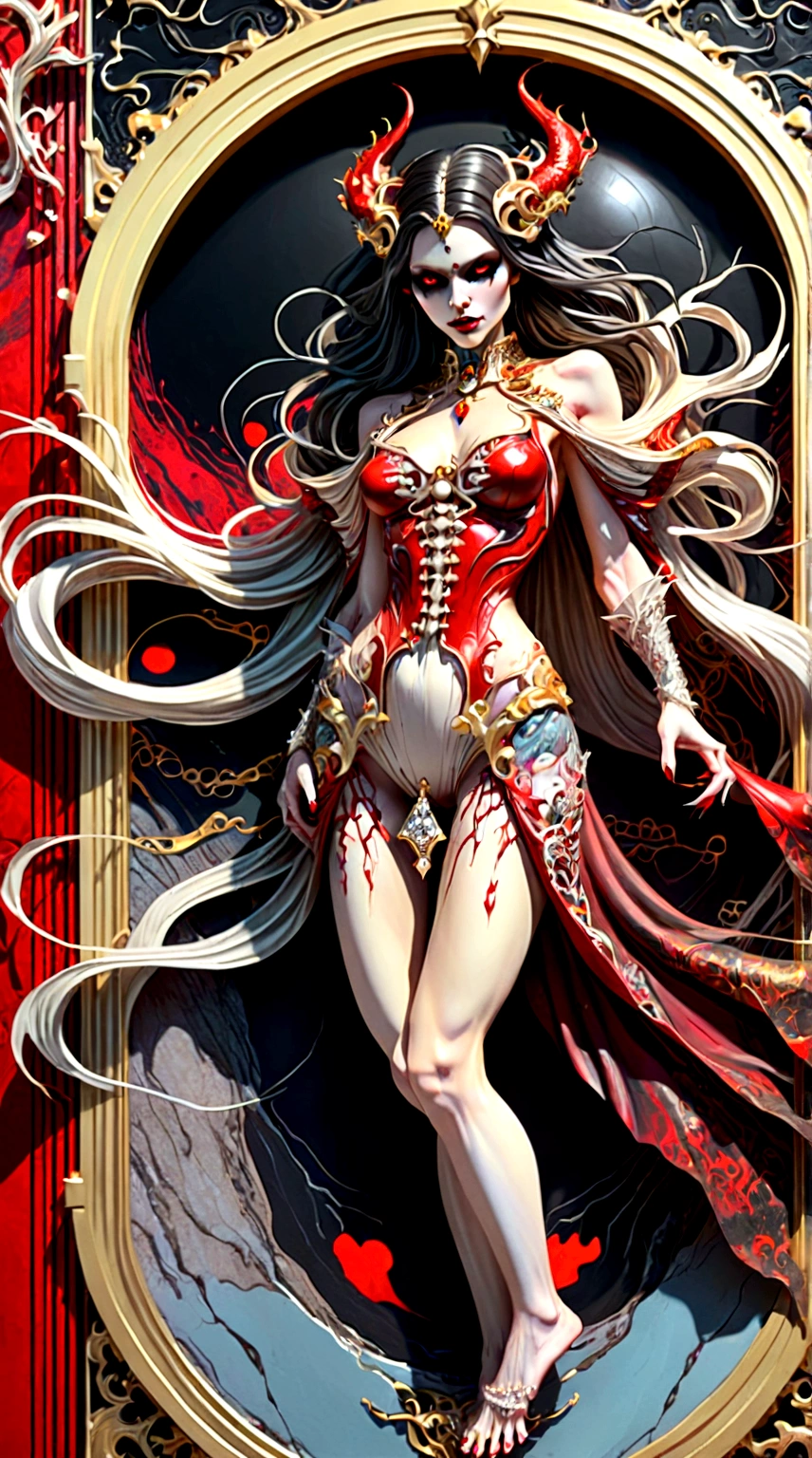 a beautiful illustration of a vampire woman with glowing eyes in an abstract marble texture with a tarot style frame, with colors of obsidian black, shiny gold, and ruby red, highly detailed, intricate design, BY Anne Bachelier,