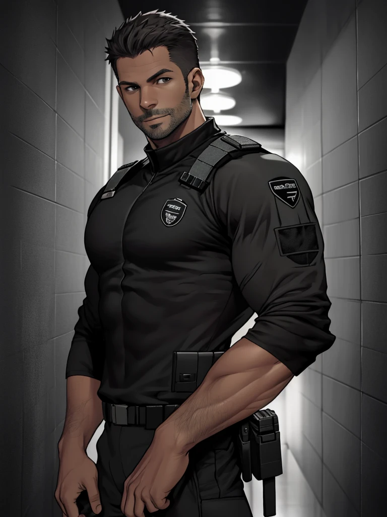 1 man, solo, 35 year old, pivaarts, wearing grey T shirt, smirks, black color on the shoulder and a bsaa logo on the shoulder, millitary tactical suit, tall and hunk, biceps, abs, chest, best quality, masterpiece, high resolution:1.2, upper body shot, dark black gloomy hallway with not background