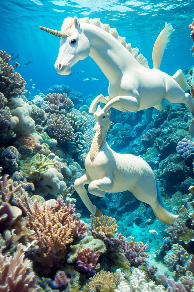 a seahorse that is a unicorn underwater xoral reef