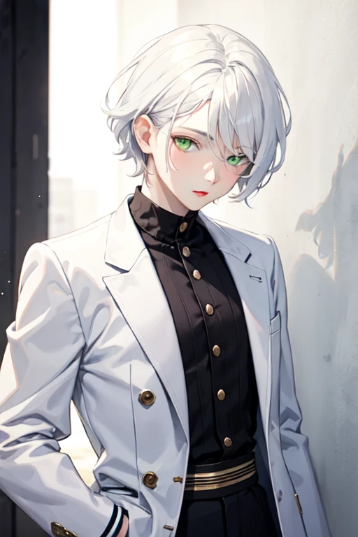 15 year old boy with white hair, green eyes and red lips, white skin dressed in mens kawaii clothing style
