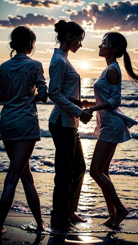 Black headscarf on the beach, white long sleeve t shirt, black long skirt, barefoot, sexy woman. Men touching women's buttocks.