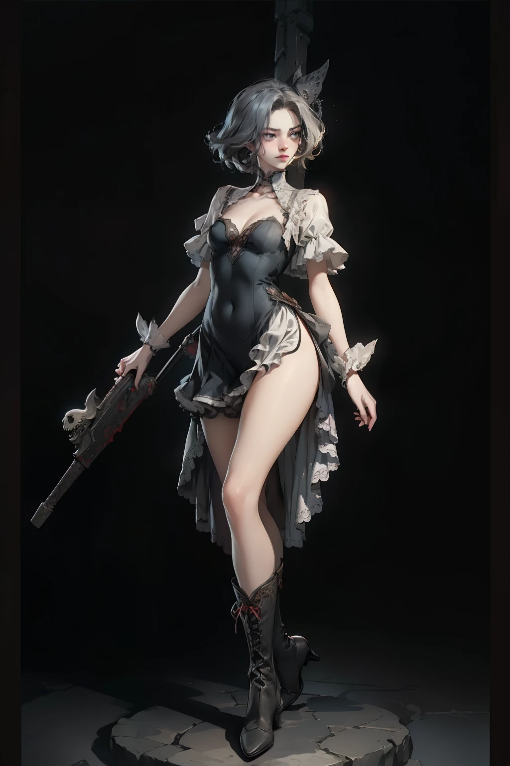 ((best quality)), ((masterpiece)), (detailed), very skinny, prominent collarbones, skinny arms, flat stomach, visible hip bones, red and white clothing, Bloodborne inspired, occult aesthetic, occult, detailed and intricate steampunk and detailed gothic, NSFW, Very dramatic and cinematic lighting, cosmic horror, grim-dark, side-lighting, perfect face, NSFW, Fluttering lace flared long knee length dress with frilly petticoats, knee length dress, pleated petticoats, ta dress, petticoats gothic lolicomplex lace boots, side-lighting, gothic lolita aetic, wielding a mighty sword with mechanical components, carbine, NSFW, beautiful small breasts, small breasts, full body, whole body, body, NSFW, full body, whole body, head-to-toe NSFW
