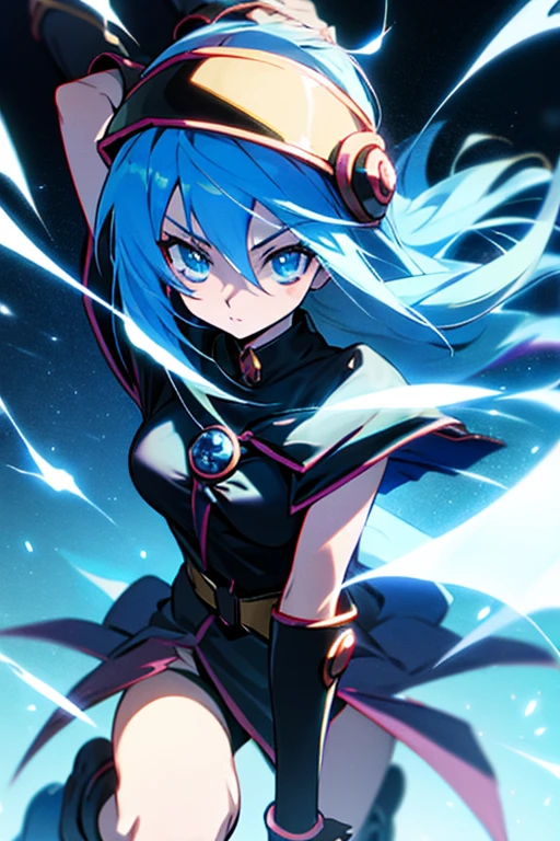 an anime character a cleric with blue eyes and long blue hair and black clothing