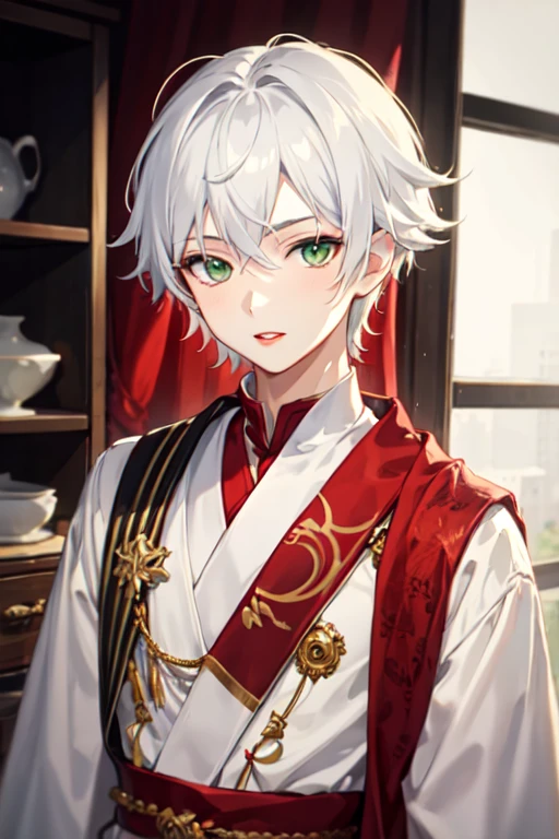 15 year old boy with white hair, green eyes and red lips, white skin dressed in kawai clothing style