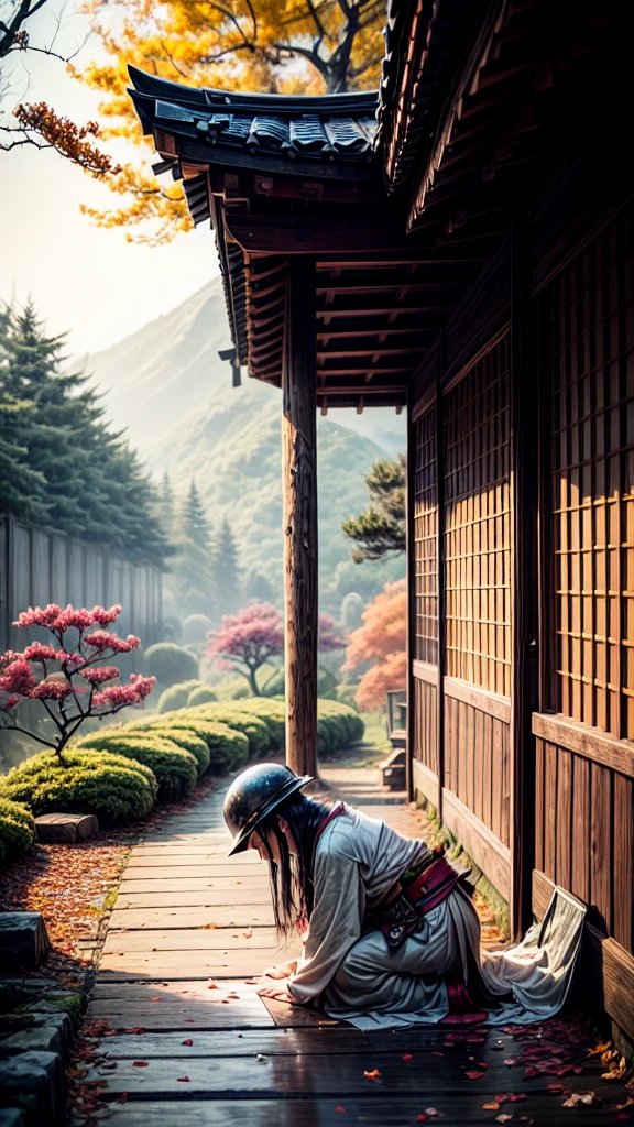 "(best quality,4k,8k,highres,masterpiece:1.2),ultra-detailed,realistic, HDR, autumn scene in Japan, flying autumn leaf, (broken, damaged, old) samurai armor, (kneeling, crouching) samurai, (falling, scattered) autumn leaves, (dirty, weathered) katana, (cracked, damaged) helmet, (vivid, vibrant) colors, (soft, warm) color palette, (natural, warm) lighting, (serene, peaceful) atmosphere, traditional Japanese landscape, (tranquil, quiet) ambiance, (rustling, gentle) breeze, hidden face, (mysterious, secretive) samurai, (forgotten, abandoned) battlefield, (tranquil, calm) energy, (nostalgic, wistful) scenery, (captivating, mesmerizing) autumn colors, (calm, serene) demeanor, (decayed, worn-out) surroundings, (lost, forgotten) battleground, fallen cherry blossom petals, delicate brushstrokes, essence of Japanese culture"