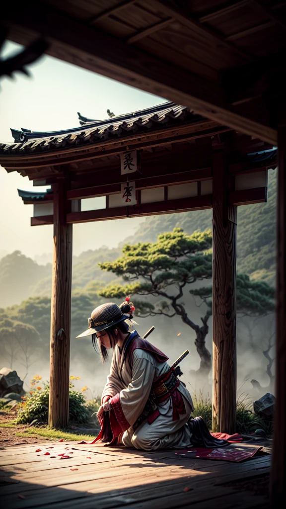 "(best quality,4k,8k,highres,masterpiece:1.2),ultra-detailed,realistic, HDR, autumn scene in Japan, flying autumn leaf, (broken, damaged, old) samurai armor, (kneeling, crouching) samurai, (falling, scattered) autumn leaves, (dirty, weathered) katana, (cracked, damaged) helmet, (vivid, vibrant) colors, (soft, warm) color palette, (natural, warm) lighting, (serene, peaceful) atmosphere, traditional Japanese landscape, (tranquil, quiet) ambiance, (rustling, gentle) breeze, hidden face, (mysterious, secretive) samurai, (forgotten, abandoned) battlefield, (tranquil, calm) energy, (nostalgic, wistful) scenery, (captivating, mesmerizing) autumn colors, (calm, serene) demeanor, (decayed, worn-out) surroundings, (lost, forgotten) battleground, fallen cherry blossom petals, delicate brushstrokes, essence of Japanese culture"