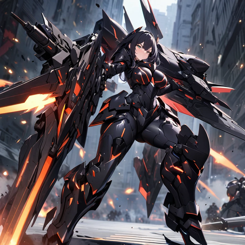 Top quality, masterpiece, beautiful girl,Heavy Armor,Particle cannon、
powered armor, full armor, powered leg,battle jet black armor

