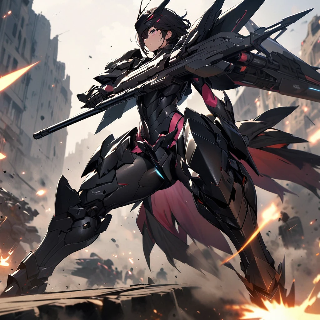 Top quality, masterpiece, beautiful girl,Heavy Armor,Particle cannon、
powered armor, full armor, powered leg,battle jet black armor

