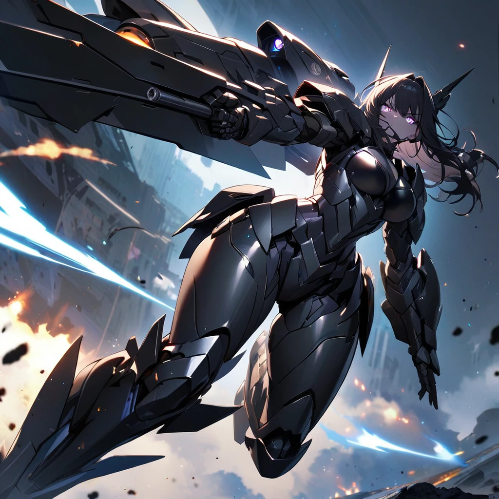 Top quality, masterpiece, beautiful girl,Heavy Armor,Particle cannon、
powered armor, full armor, powered leg,battle jet black armor

