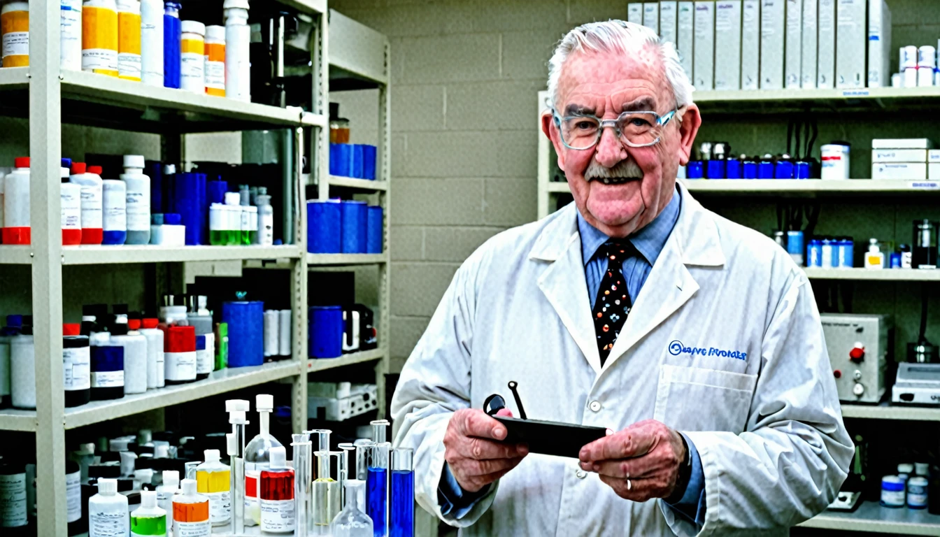 An image of Roy Plunkett in a lab setting, holding a sample of Teflon