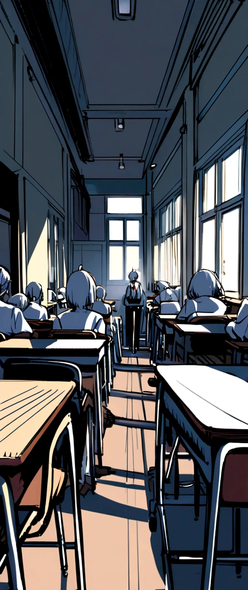 A tired and bored student in a classroom with many students, messy students, disorganized room