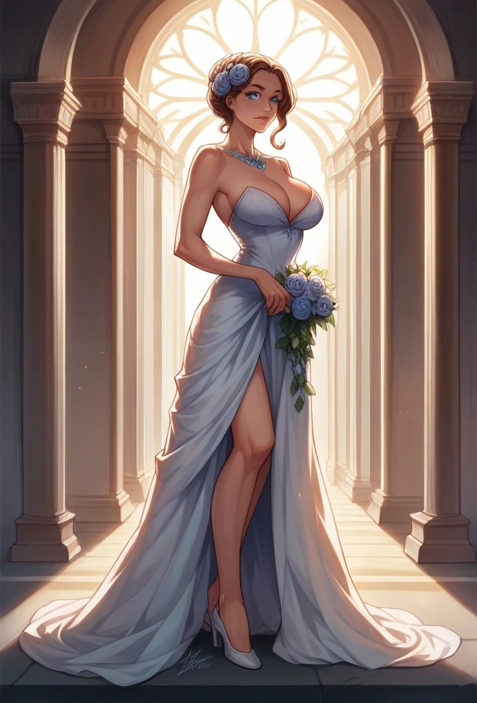 a beautiful biracial woman, blue straight hair, light blue eyes, athletic figure, large breasts, sexy heroic fantasy outfit, full body photo, in a flower meadow with a castle in the background, detailed portrait, hyper realistic, 8k, dramatic lighting, cinematic, fantasy art, elegant, dramatic