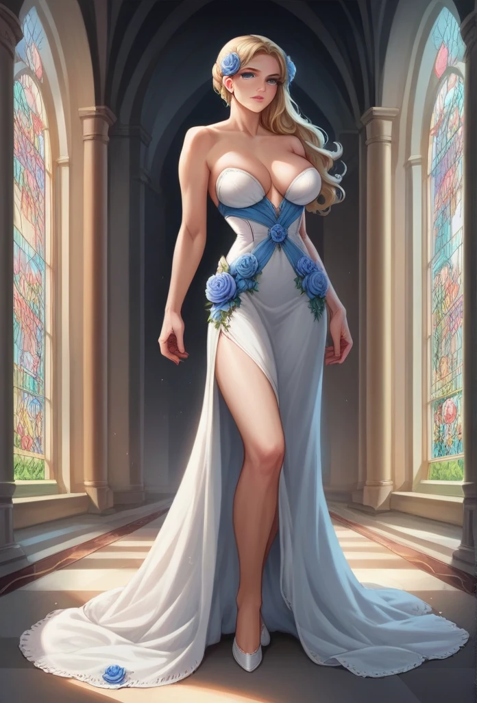 a beautiful biracial woman, blue straight hair, light blue eyes, athletic figure, large breasts, sexy heroic fantasy outfit, full body photo, in a flower meadow with a castle in the background, detailed portrait, hyper realistic, 8k, dramatic lighting, cinematic, fantasy art, elegant, dramatic