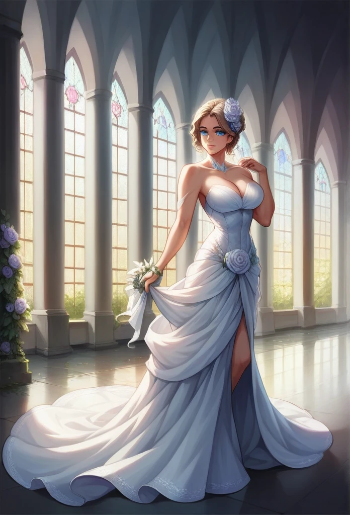 a beautiful biracial woman, blue straight hair, light blue eyes, athletic figure, large breasts, sexy heroic fantasy outfit, full body photo, in a flower meadow with a castle in the background, detailed portrait, hyper realistic, 8k, dramatic lighting, cinematic, fantasy art, elegant, dramatic
