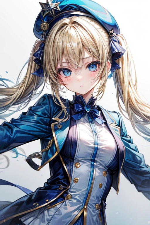 (masterpiece, best quality, perfect face, expressive eyes), 1girl, (anime), blonde hair, blue ombre, twintails, blue eyes, blue beret, blue suit,